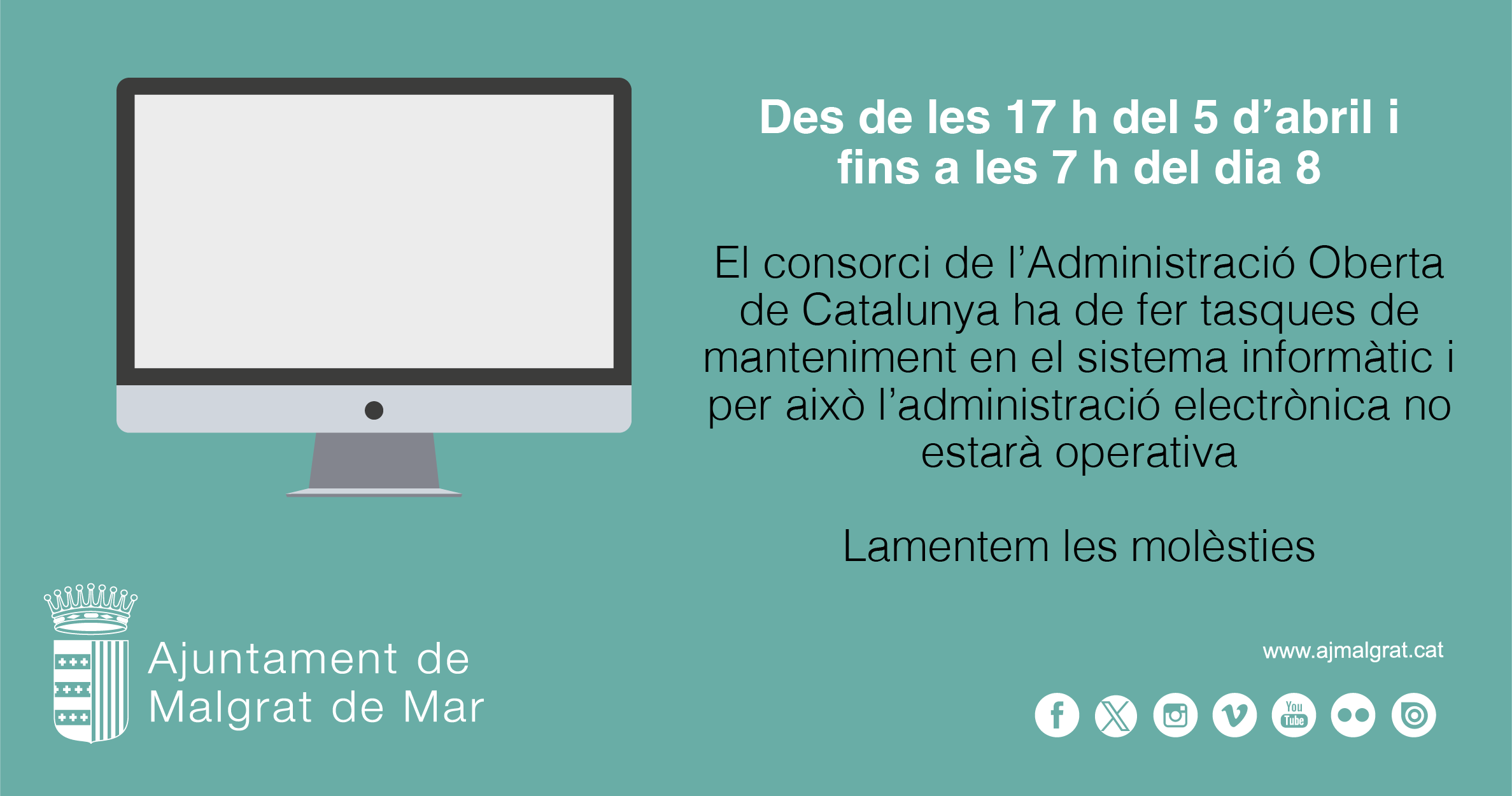 L'administració electrònica no estarà operativa de les 17 h del 5 d'abril fins a les 7 h del dia 8 